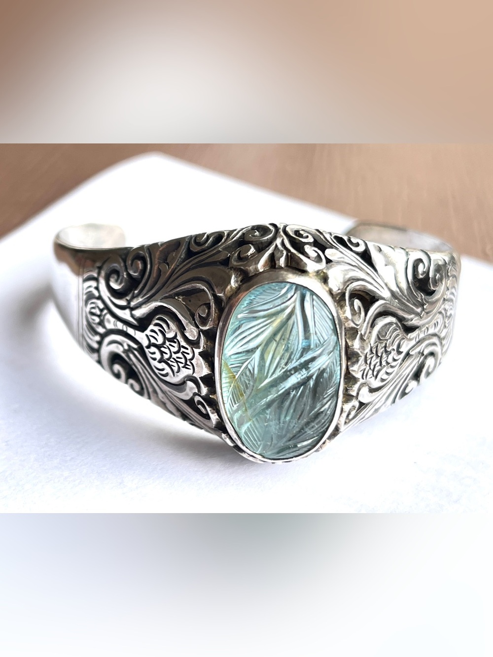 Vintage Antique Style Thistle Design Carved Aquamarine Intaglio Bracelet 950 55g - Picture 3 of 14